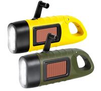 Wind Up Torch 2Pcs, Solar Torch with Carabiner Hook, Camping Torches, LED Flashlight Hand Crank Torches Rechargeable for Camping, Climbing, Hiking, Survival Gear (Yellow, Green) [Energy Class A]
