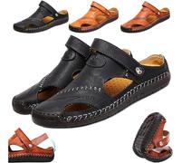 WINDEHAO Large Size Soft Leather Men's Breathable Outdoor Sandals Orthopedic Hollow-out Summer Sandals Closed Toe Walking Sandals (Black,46EU)