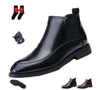 WINDEHAO Mens Chelsea Boots Genuine Leather Dress Boots, Chunky Heel Point Toe Business Formal Shoes Lightweight Ankle Booties for Office Work (black,6.5)