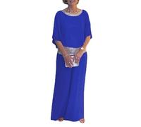 WINDEHAO Sequined Colorblock Elegant Two-Piece Set Womens 2 Piece Dressy Sequin Suits Summer Casual Loose Round Neck Wide Leg Suit (Blue,XL)