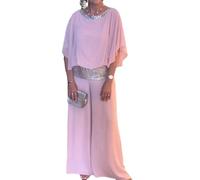WINDEHAO Sequined Colorblock Elegant Two-Piece Set Womens 2 Piece Dressy Sequin Suits Summer Casual Loose Round Neck Wide Leg Suit (Pink,XL)