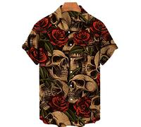 WINDEHAO Summer Men's Gothic Skeleton Retro Rose Flower Printed Shirt,Lapel Button Down Short Sleeve Blouse,Holiday Party Beach Top (202,4XL)