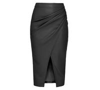 WINDEHAO Women’s Long Leather Skirts, High Waist Pleated Front Slit Faux Leather Midi Skirt Elegant Black Brown Faux Leather Pencil Skirt (Black,L)