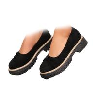 WINDEHAO Women's Chunky Heel Platform Bow Loafers Orthopedics Round Toe Bow Loafers for Women Faux Suede Chunky-Soled Slip-on Anti-Slip Bow Moccasins (Black,8)