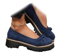 WINDEHAO Women's Chunky Heel Platform Bow Loafers Orthopedics Round Toe Bow Loafers for Women Faux Suede Chunky-Soled Slip-on Anti-Slip Bow Moccasins (Blue,7.5)