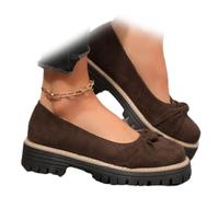 WINDEHAO Women's Chunky Heel Platform Bow Loafers Orthopedics Round Toe Bow Loafers for Women Faux Suede Chunky-Soled Slip-on Anti-Slip Bow Moccasins (Coffee,4)