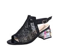 WINDEHAO Women's Glitter Sequins Decor Sandals Glitter Mesh Rhinestone Orthopedic Sandal Summer Elegant Open-Toe Low Block Heels Dress Pump for Wedding Party (Black,8)