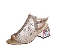 WINDEHAO Women's Glitter Sequins Decor Sandals Glitter Mesh Rhinestone Orthopedic Sandal Summer Elegant Open-Toe Low Block Heels Dress Pump for Wedding Party (Gold,4)