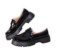 WINDEHAO Women's Orthopedic Platform Slip on Loafers, Patent Leather Platform Loafers Comfortable Wide Chunky Penny Moccasins (Black,5)
