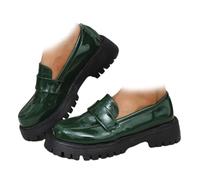 WINDEHAO Women's Orthopedic Platform Slip on Loafers, Patent Leather Platform Loafers Comfortable Wide Chunky Penny Moccasins (Green,6)