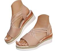 WINDEHAO Women's Platform Espadrilles Sandals Casual Slip on Elastic Ankle Strap Dressy Summer Wedge Sandals Comfortable Lightweight Open Toe Breathable Beach Shoes (apricot,41EU)