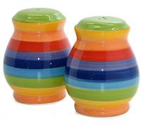 Windhorse Hand Painted Rainbow Striped Ceramic Salt and Pepper Cruet Shaker Set