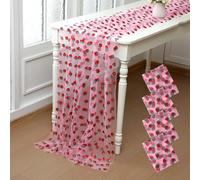 Windkream 4 Pcs 29 x70 inch Strawberry Shiny Glitter Tulle Table Cloth Pink Sheer Lace Tablecloth for Party Decorations Shortcake Birthday Wedding Bridal Shower Party Home Kitchen Table Decor