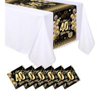 Windkream 6 Pcs Plastic 40th Birthday Table Runners Disposable Black and Gold Tablecloths Happy 40th Birthday Table Runners 14x108 inch for Men Women Anniversary Milestone Party Decorations