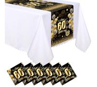 Windkream 6 Pcs Plastic 60th Birthday Table Runners Disposable Black and Gold Tablecloths Happy 60th Birthday Table Runners 14x108 inch for Men Women Anniversary Milestone Party Decorations