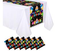 Windkream 6 Pcs Plastic Happy Birthday Table Runners 14 x 108 inch Disposable Colorful Party Table Runner for Birthday Party Supplies Home Kitchen Decorations(Black and Colorful)