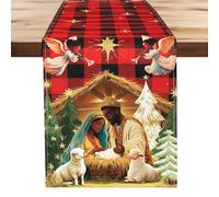 Windkream African American Religious Christmas Table Runner Buffalo Plaid Black Jesus Nativity Scene Table Runner for Home Decoration Xmas Winter Holiday Kitchen Decor (13" x 72")