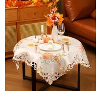 Windkream Fall Embroidered Tablecloth Pumpkin Leaves Sunflower Berry Design 34" Square Table Topper Autmun Embroidered Tablecloth for Thanksgiving Harvest Fall Holiday Table Decorations