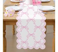 Windkream Pink Bow Table Runner 72 Inches Cute Bow Heart Fabric Scalloped Table Runner Coquette Dining Decor for Birthday Baby Shower Party Valentine's Home Decor(Bow C)