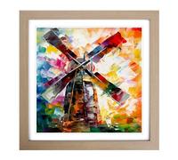 Windmill Abstract Expressionism Framed Print | 18x18 Inch Oak Framed Wall Art | Ready to Hang | Eclectic Historical Picture | Living Room Bedroom Lounge Office