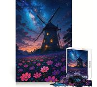 Windmill And Flowers Under Starry Sky 1000 Piece Jigsaw Puzzles for Teenagers Logical Skill Leisurely Pursuit Precise Join Fine Xmas Gift (50x75cm)