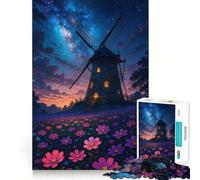 Windmill And Flowers Under Starry Sky 1000 Piece Teenager Puzzles Cognitive Boost Fun Tight Lock No Loose Pieces Engaging Way to Pass Free Hours (50x75cm)
