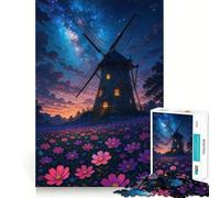 Windmill And Flowers Under Starry Sky Jigsaw for Teenagers1000 Pieces Mind Skill Play Laser Cut for Flawless Fit Quiet Time Mind Exercise at Home (38x26cm)