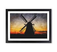 Windmill at Sunset Vol.1 Painting Framed Print | A2 Black Framed Wall Art | Ready to Hang | Modern Landscape Picture | Living Room Bedroom Lounge Office