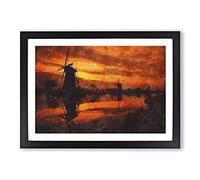 Windmill at Sunset Vol.2 Painting Framed Print | A2 Black Framed Wall Art | Ready to Hang | Modern Landscape Picture | Living Room Bedroom Lounge Office