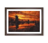 Windmill at Sunset Vol.2 Painting Framed Print | A2 Walnut Framed Wall Art | Ready to Hang | Modern Landscape Picture | Living Room Bedroom Lounge Office