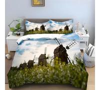 Windmill Double Bedding Set Blue Sky Duvet Covers Adults, Soft Fluffy Microfibre Quilt Cover, Bedding Double Bed Set with Zipper Closure + 2 Pillowcases 50x75cm -Ai3490