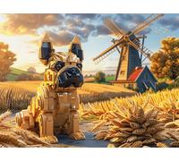 Windmill Field Pug 500 Piece Jigsaw Puzzle Vibrant Fantasy Animals For Men Educational Decompression Adults Anxiety Memory Care Mothers Valentines Gift Sturdy Paperboard 500 PCS/52×38cm