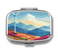 Windmill Flat Illustration Pill Box 2 Compartment, Portable Pill Case with Mirror for Pocket Purse Travel, Mini Metal Medicine Organizer for Vitamins Fish Oil