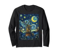 Windmill Holland Netherlands Starry Night Art Present Long Sleeve T-Shirt