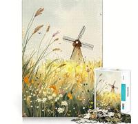 Windmill in A Field Jigsaw Puzzle 1000 Piece Mental Fun Game No Gap Tight Fitting Design for Family Gatherings (38x26cm)