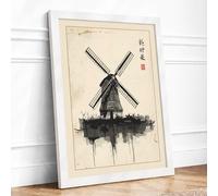 Windmill in Ink Japandi Framed Wall Art Print A1 White
