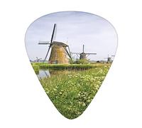 Windmill Landscape Guitar Picks 12 Pack Universal ABS Guitar Picks,Country Landscape the Netherlands Spring Blooming Parsley,for Acoustic and Electric Guitar,Pale Coffee Pale Blue