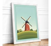 Windmill on the Hill Mid-Century Framed Wall Art Print A1 (84.1×59.4cm) White, Wall Decor for Living Room, Bedroom, Office & Home, Ready to Hang, Art Gift