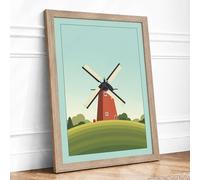 Windmill on the Hill Mid Century Framed Wall Art Print A2 Oak