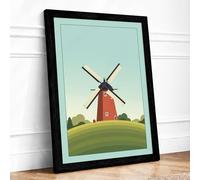 Windmill on the Hill Mid Century Framed Wall Art Print A3 Black