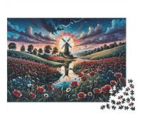 Windmill Sunset Landscape Colourful Windmill over Poppy Field at Sunset 1000 Pcs Jigsaws for Adults The Impossible Challenge Fun Present 52x38cm/1000pcs