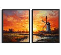 Windmill Sunset Wall Art Poster Prints, Landscape Floral Nature Scenery Painting,(Set of 2) Decor for Living Room, Bedroom, Bathroom AA37 (Windmill Sunset, 8 x 10 inches (2 Panels), Unframed)