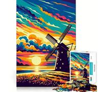 Windmill Sunset Wpap Art 1000-piece Jigsaw Puzzles Think Exercise Game Tight Interlock No Gaps Interactive Brain Challenge for Home (38x26cm)