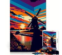 Windmill Sunset Wpap Art 1000 Pieces Jigsaw Puzzles for Teenagers Think Training Mindful Escape Defined Edges Seasonal Gift (50x75cm)