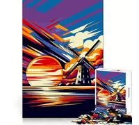 Windmill Sunset Wpap Art for Adults 1000 Piece Jigsaw Puzzle Mental Exercise Serene Escape Snug Lock (50x75cm)
