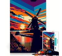 Windmill Sunset Wpap Art Jigsaw Puzzle 1000 Piece Cognitive Fun Play Precise Interlock Structure Bonding Activity for Loved Ones (38x26cm)