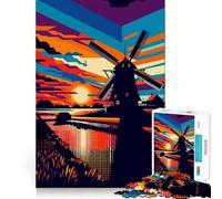 Windmill Sunset Wpap Art Jigsaw Puzzle 1000 Piece Focus Boost Fun Advanced Laser Cutting Tech Travel-friendly Brain Game Gift (50x75cm)