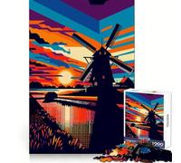Windmill Sunset Wpap Art Puzzles for Teenagers 1000 Piece Logic Practice Calm Downtime Clean Edges Ideal Present (38x26cm)