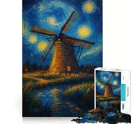 Windmill Under A Starry Night Jigsaws 1000 Pieces for Adults Memory Boost Game Professional Grade Cutting Heartwarming Gathering Activity (38x26cm)