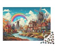 Windmill Village Rainbow Scenery 1000 Piece Jigsaw Puzzle Paper for Adults Relaxation Focus Home Decoration 38x26cm/1000pcs